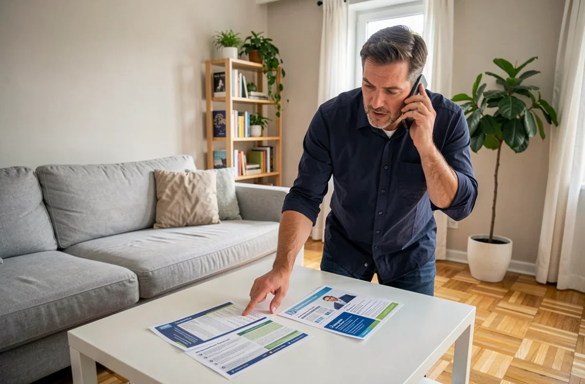 Homme comparant des offres d'assurance habitation dans un salon contemporain