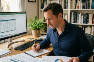 Homme comparant des documents de SCPI sur un bureau en bois dans un bureau à domicile moderne