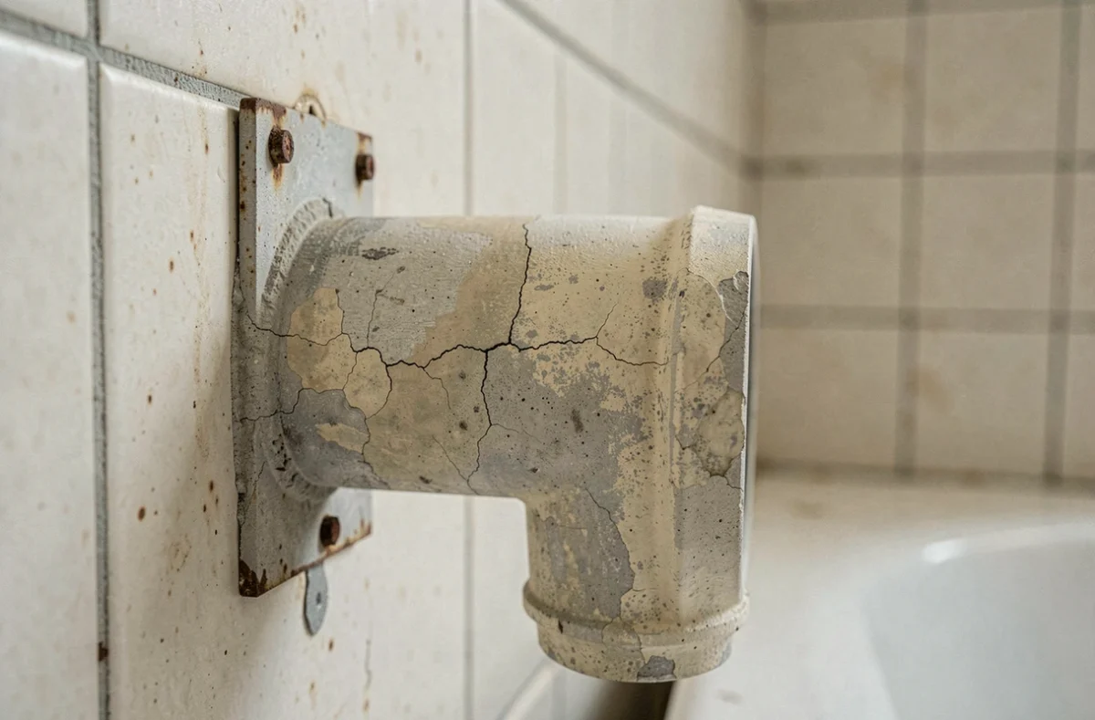 Gros plan sur une conduite en fibrociment détériorée avec fissures et écaillage sur un mur de salle de bains