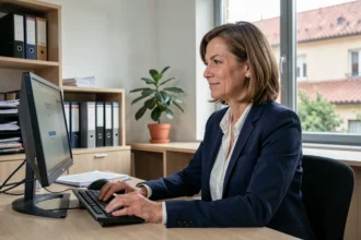 Personnelle de l'académie de Toulouse se connectant au portail CONVERGENCE sur son ordinateur de bureau dans un environnement administratif