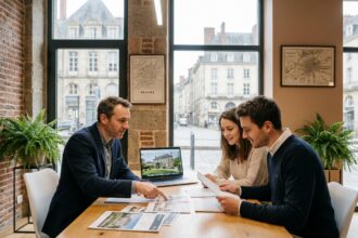Conseiller immobilier Timo Conseil en réunion avec un couple d'investisseurs à Rennes, analyse de documents et de listings immobiliers sur ordinateur portable