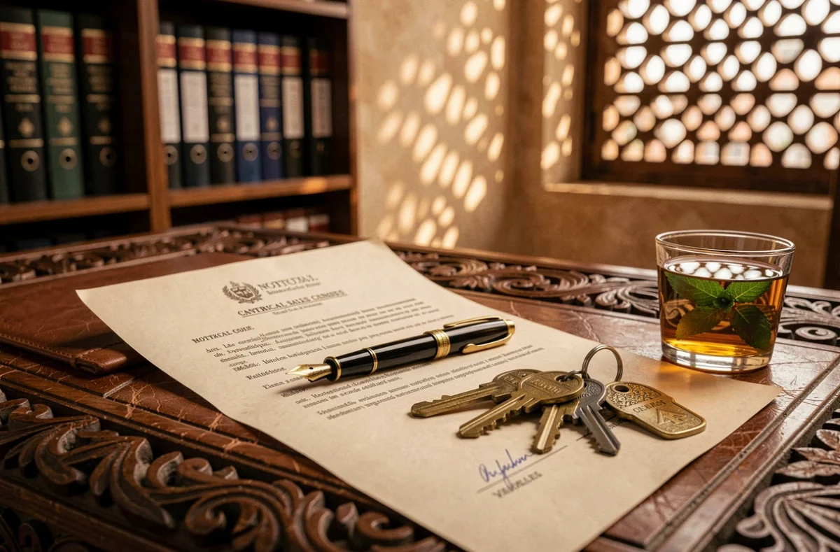 Contrat de vente immobilière et clés d'une villa à Marrakech Targa posés sur un bureau marocain