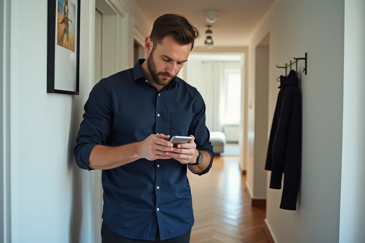 Copropriétaire consultant l'application MyFoncia sur smartphone dans le couloir de son appartement