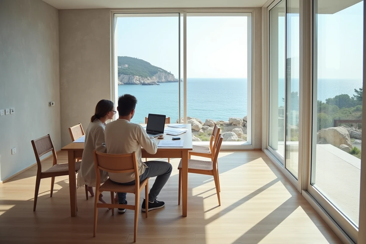 Couple étudiant des annonces immobilières dans un appartement neuf avec vue sur la mer