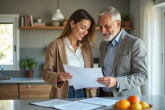 Couple d'adultes dans une cuisine moderne examinant des documents immobiliers