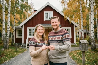 Couple tenant des clés devant une maison traditionnelle suédoise en bois rouge entourée de bouleaux en automne