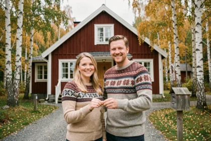 Couple tenant des clés devant une maison traditionnelle suédoise en bois rouge entourée de bouleaux en automne