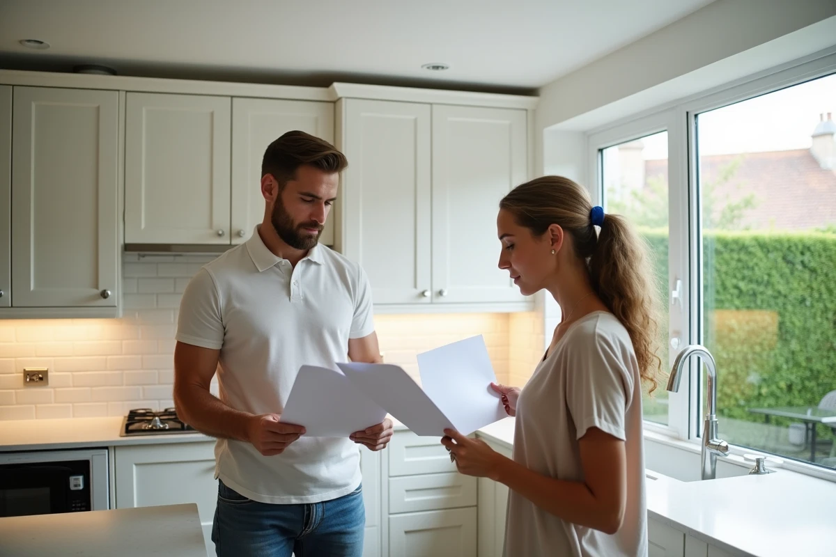 Couple d'acheteurs visitant la cuisine rénovée d'une maison à vendre en Finistère lors d'une visite immobilière