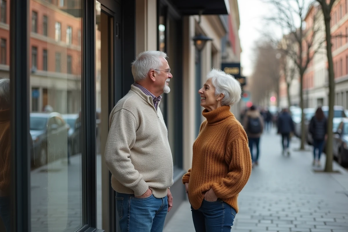 Couple discutant devant une agence immobiliere en ville