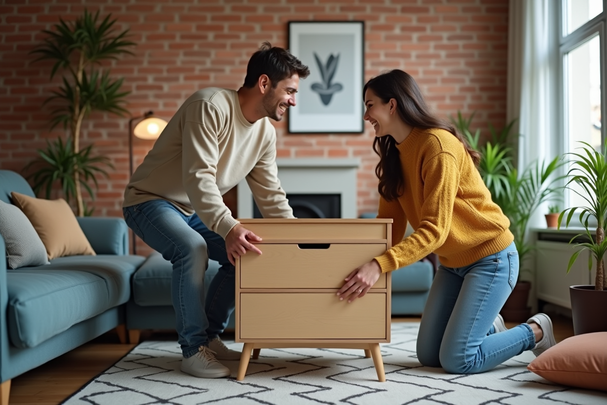 Jeune couple arrange un meuble dans un salon chaleureux