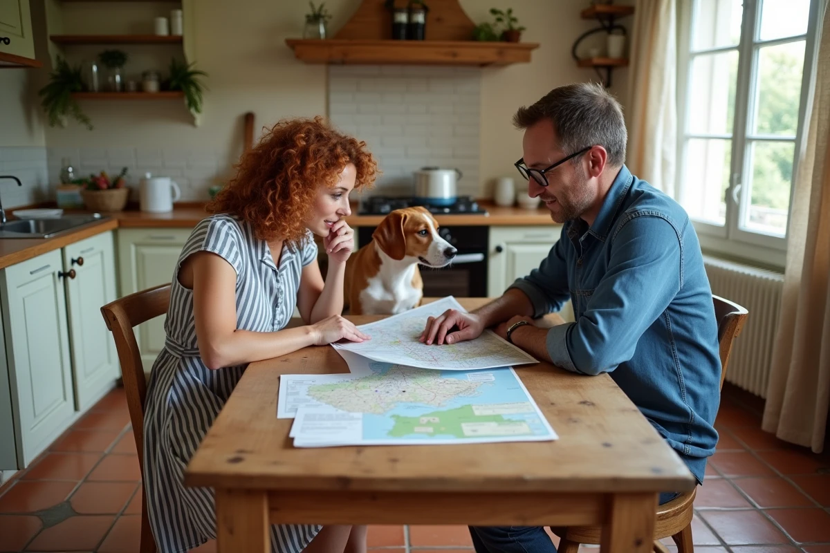 Couple consultant des annonces de location maison avec animaux acceptés dans l'Eure autour d'une table de cuisine avec leur beagle