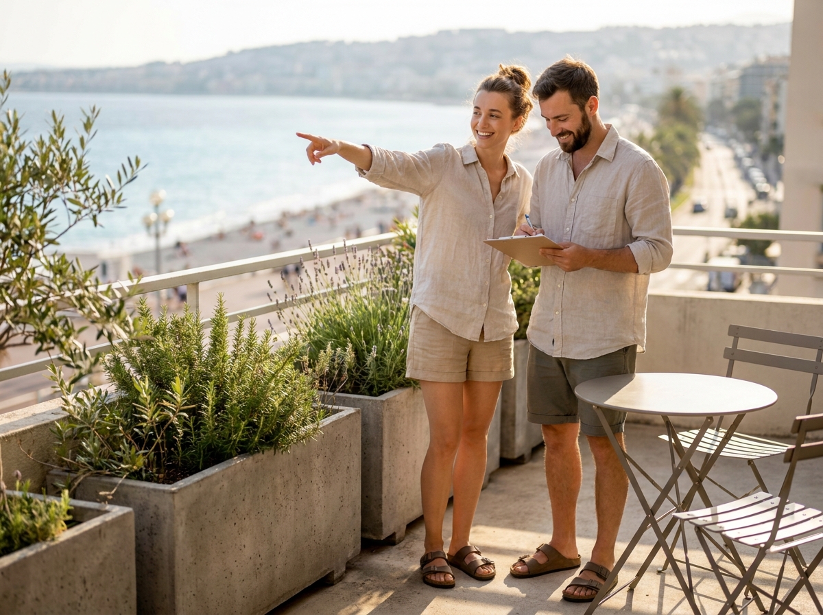 Couple évaluant un appartement avec terrasse à Nice en consultant une liste de critères avec vue sur la Promenade des Anglais