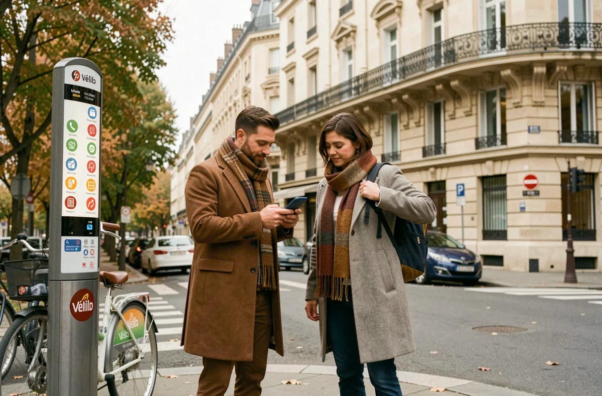 Couple consultant une application de transport en commun dans une rue de Versailles avant leur trajet quotidien vers Paris