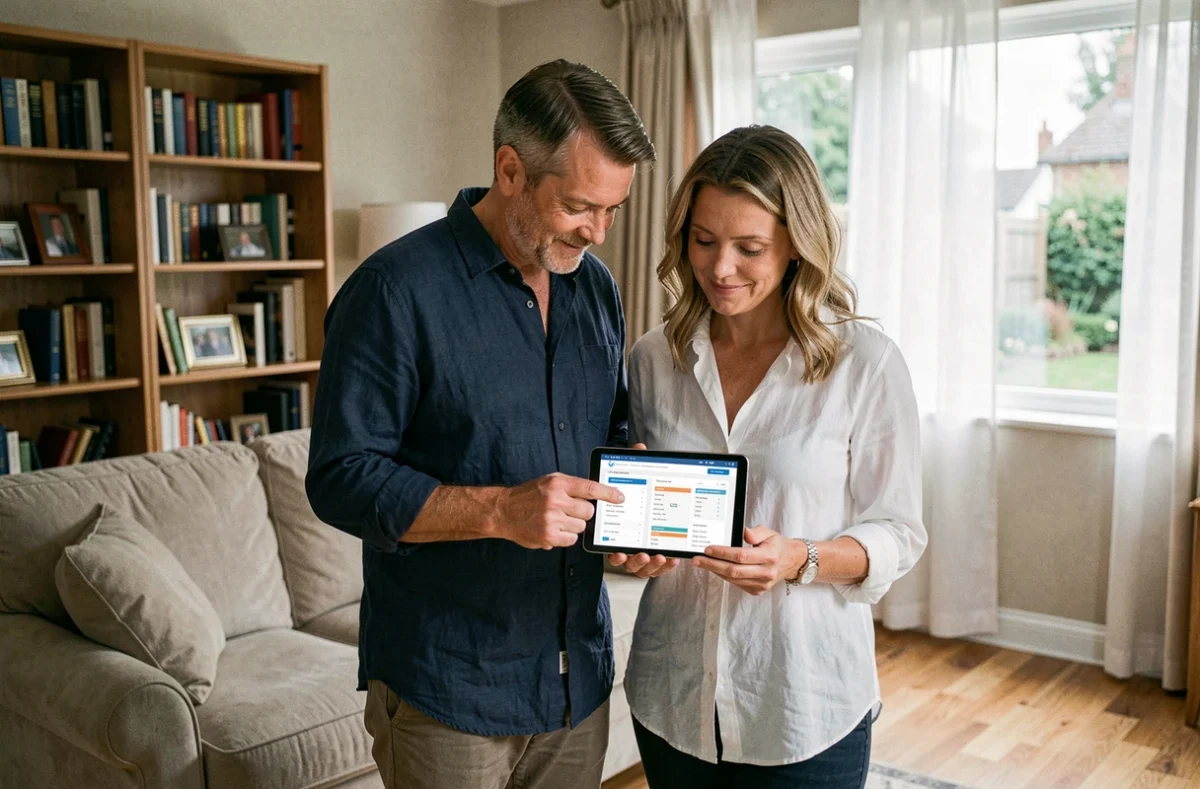 Couple comparant des offres d'assurance multirisque habitation sur une tablette dans leur salon
