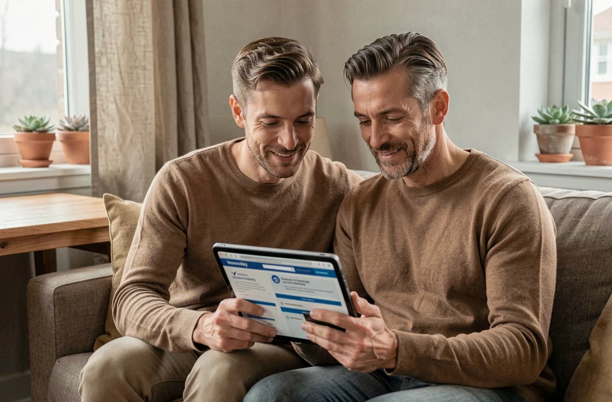 Couple consultant un comparateur d'assurance habitation sur une tablette à la maison