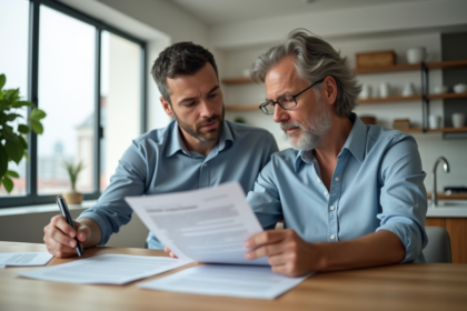 Couple d'adultes examinant un contrat dans un appartement moderne