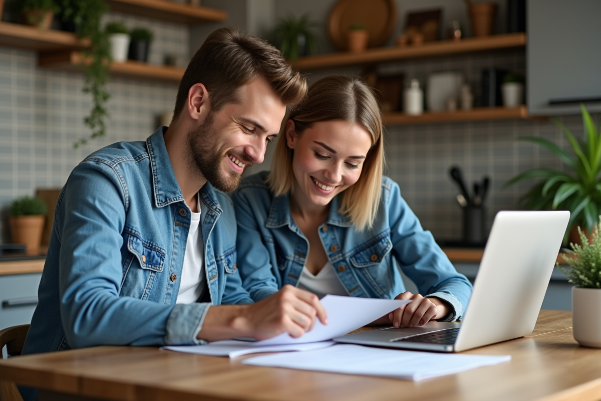 Jeune couple discutant de documents d