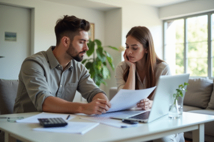 Jeune couple discutant de documents immobiliers dans un salon lumineux