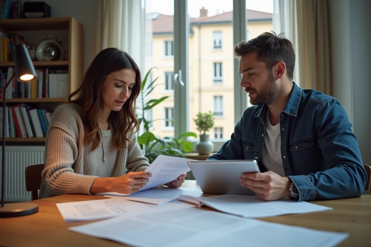 Couple de nouveaux copropriétaires consultant ensemble l'espace client MyFoncia sur tablette et documents imprimés