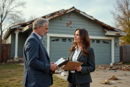 Couple en discussion devant maison endommagee par une catastrophe naturelle