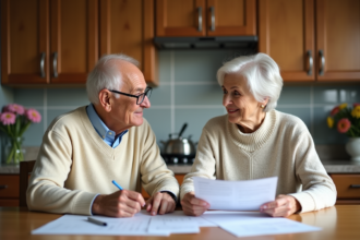 Couple senior discutant de documents dans la cuisine