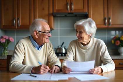 Couple senior discutant de documents dans la cuisine
