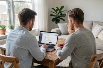 Couple examinant une offre de crédit immobilier devant un ordinateur