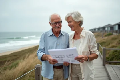 Couple mature en extérieur lisant des documents face à la mer