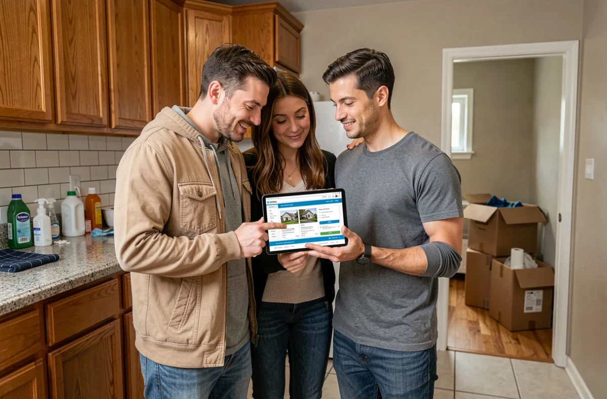 Couple de locataires comparant des offres d'assurance habitation sur une tablette dans leur nouvelle cuisine