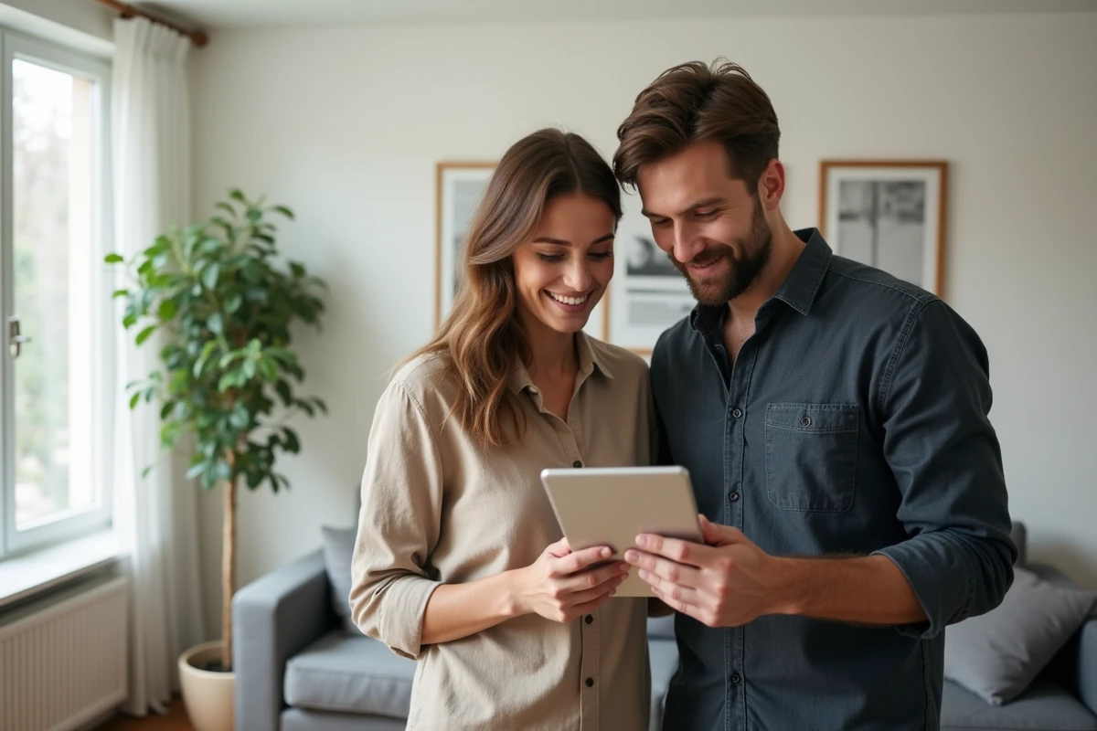 Couple de locataires consultant ensemble l'application MyCitya sur tablette dans leur appartement pour simplifier la gestion locative