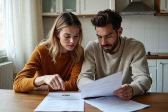 Couple consultant des documents de logement social à la table de leur appartement modeste en 2026