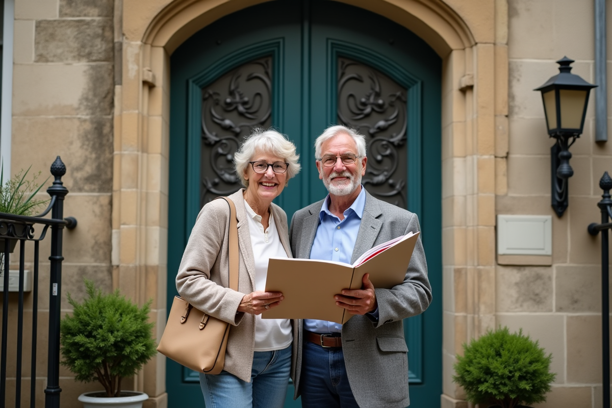 Couple français souriant devant une façade ancienne de maison