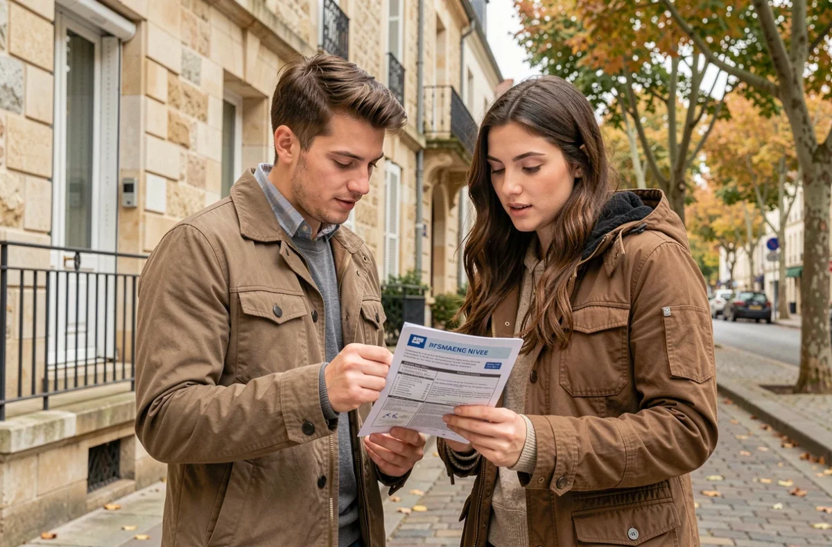 Couple examinant une offre d'assurance habitation devant un immeuble en pierre à Nevers