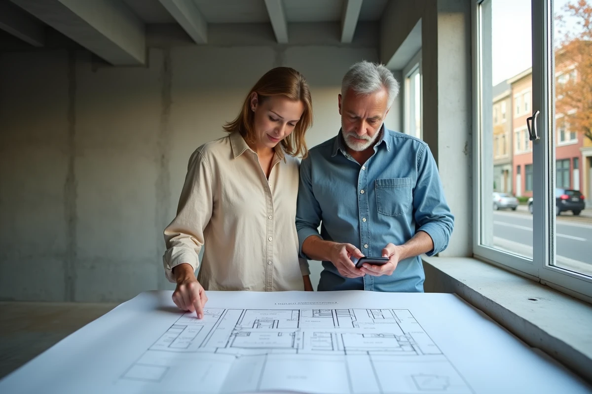 Couple consultant un plan architectural pour estimer la surface habitable d'un bien immobilier