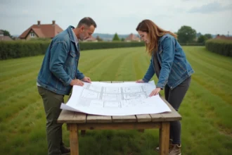 Couple déployant un plan dans un champ rural