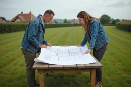 Couple déployant un plan dans un champ rural