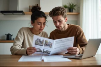 Jeune couple primo-accédant consultant des documents immobiliers et un site de recherche de logement sur ordinateur portable à une table en bois