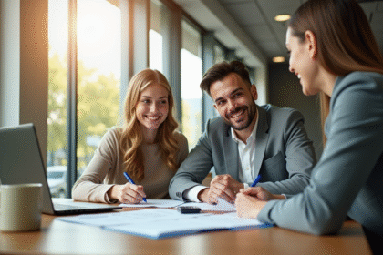 Jeune couple souriant avec conseiller immobilier dans banque