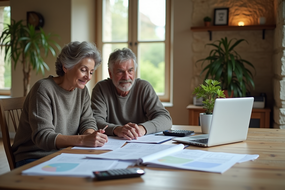 Couple d'adultes travaillant sur des documents dans une maison lumineuse