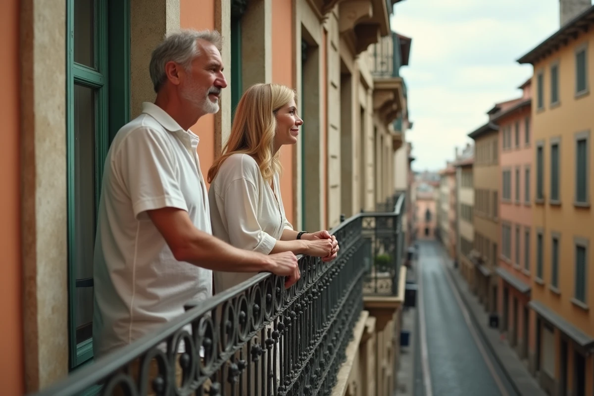 Couple visitant un appartement de caractère à Lyon, contemplant la vue depuis un balcon en fer forgé d'un immeuble du XIXe siècle