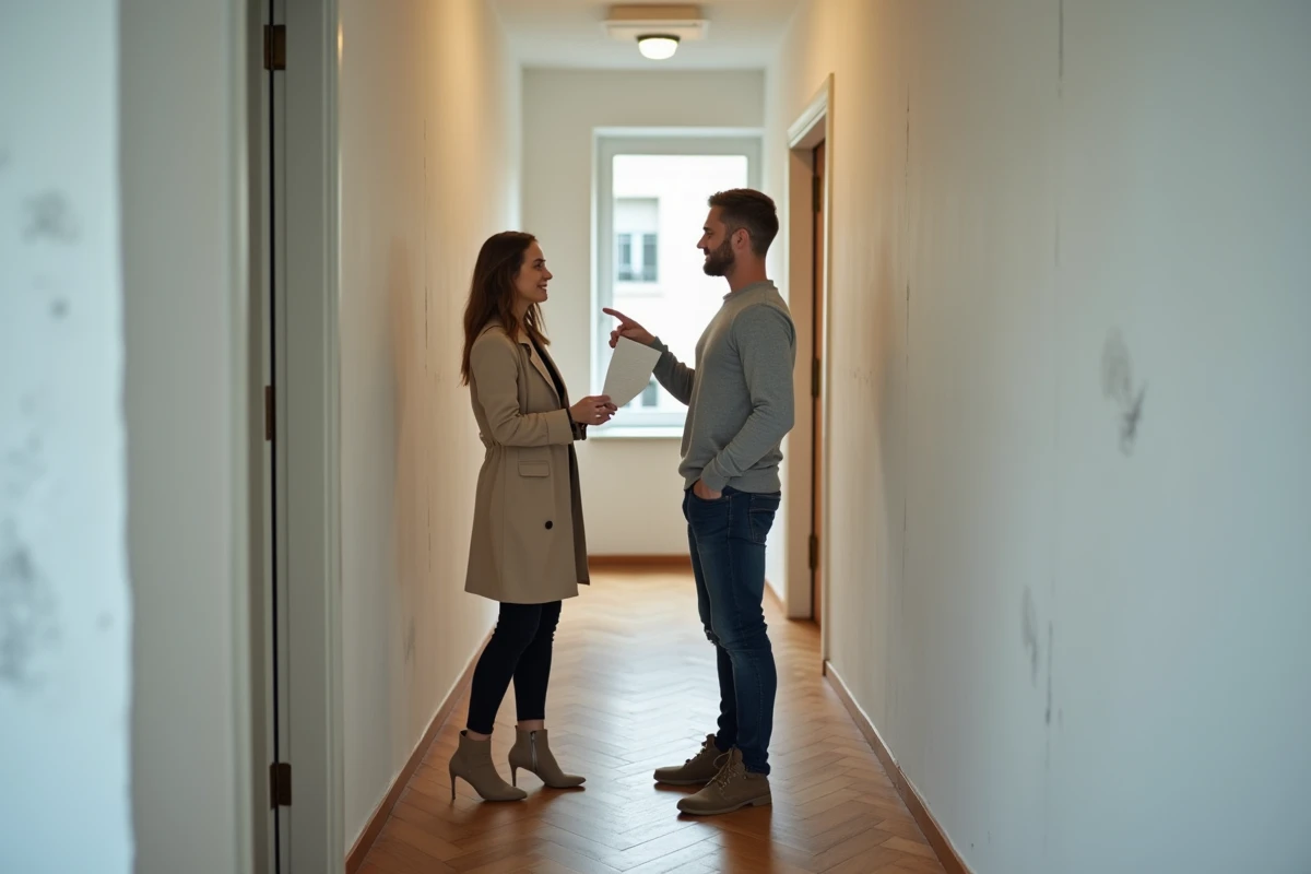Couple en visite d'appartement tenant une lettre de motivation remise au propriétaire
