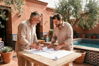 Couple marocain examinant les plans d'une villa à vendre à Marrakech Targa avant signature