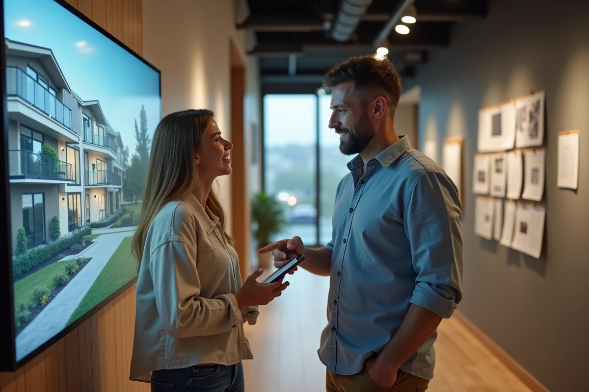 Couple consultant une visite virtuelle 360 degrés de maison dans une agence immobilière moderne
