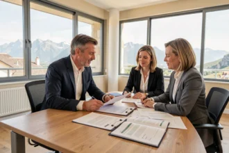 Courtiers en prêt immobilier dans les Pyrénées-Atlantiques discutant de dossiers de financement dans un bureau moderne avec vue sur les montagnes