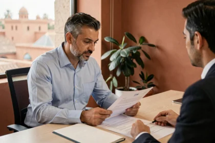 Un homme marocain signe un dossier de crédit immobilier dans une banque moderne de Marrakech pour financer l'achat d'un appartement
