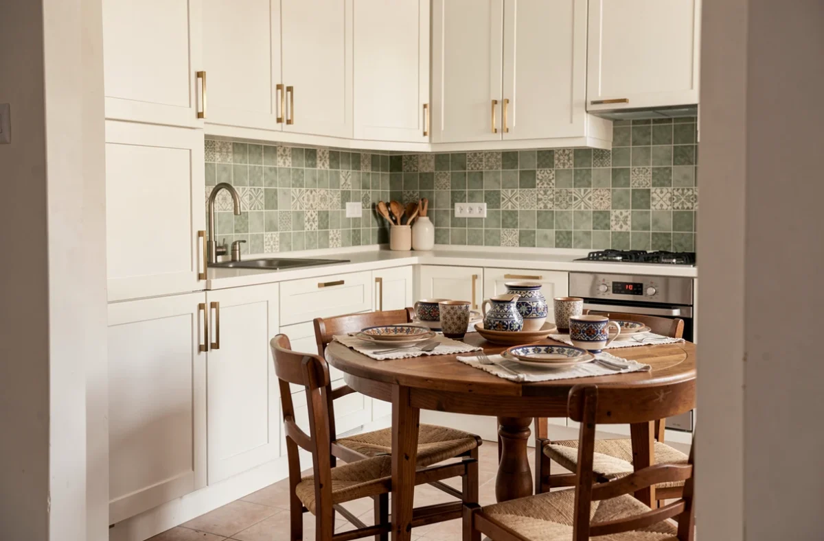Cuisine moderne et salle à manger d'un appartement à vendre à Marrakech Guéliz avec carrelage zellige