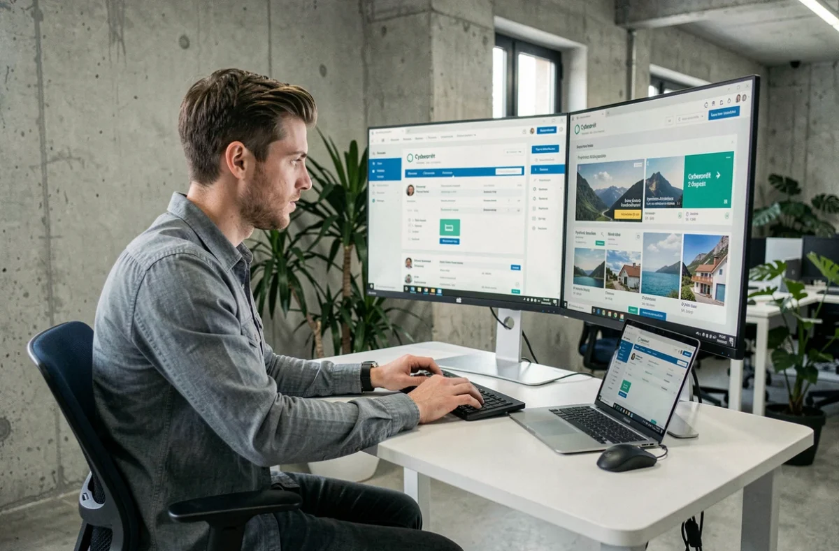 Courtier Cyberprêt dans les Pyrénées-Atlantiques utilisant une plateforme numérique de simulation de prêt immobilier dans un bureau moderne
