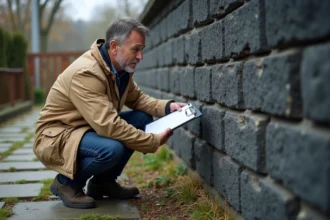 Diagnostiqueur immobilier inspectant un mur en mâchefer lors d'une expertise de maison ancienne