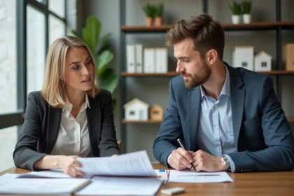 Femme d'âge moyen et jeune homme discutant de documents immobiliers
