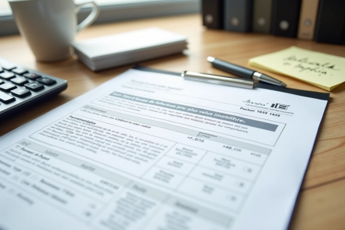 Documents fiscaux de plus-value immobilière avec calculatrice et annotations manuscrites sur un bureau